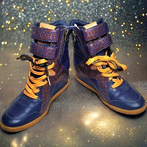 Reebok Alicia Keys leather blue metallic bronze wedge high-top wedge sneakers